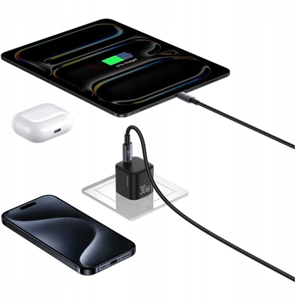 Laidinis įkroviklis USAMS JO Series CC262 30W USB-C + 1m USB-C/USB-C baltos spalvos