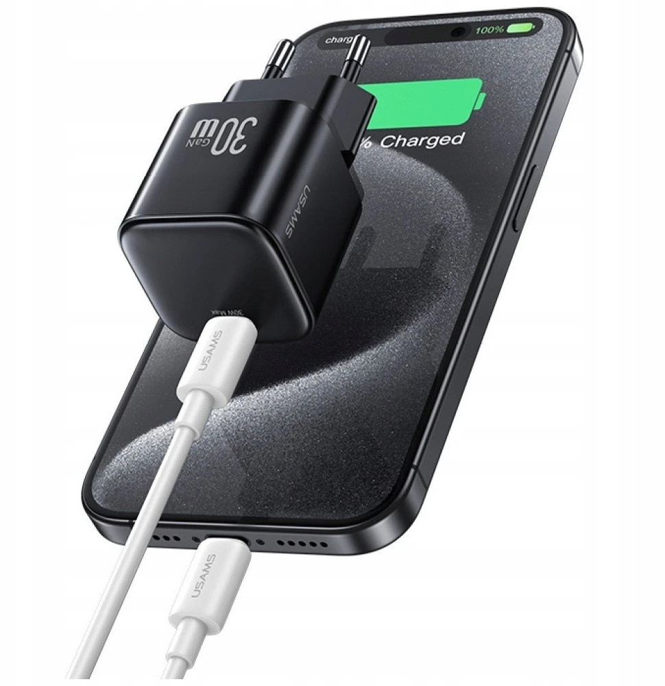 Laidinis įkroviklis USAMS JO Series CC262 30W USB-C + 1m USB-C/USB-C baltos spalvos