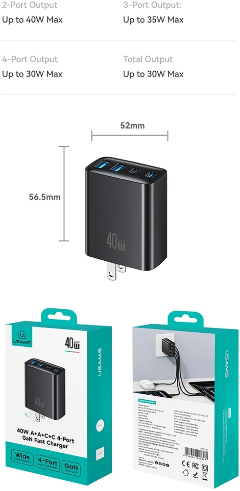Laidinis įkroviklis USAMS T70 40W 2xUSB-A/2xUSB-C juodos spalvos