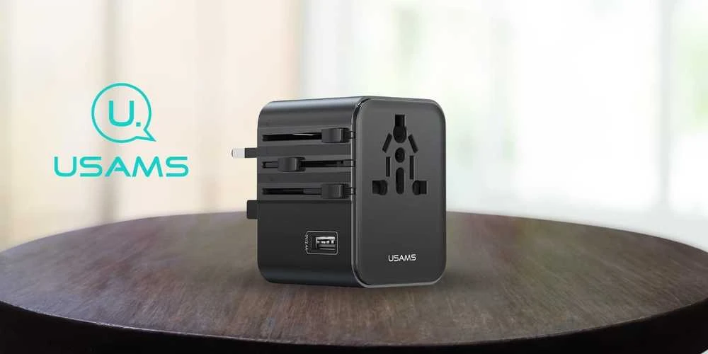 kelioninis įkroviklis USAMS CC308 2xUSB-C 17W 4in1 US/AU/EU/UK juodos spalvos