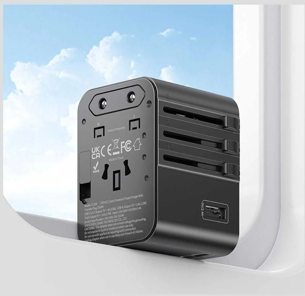kelioninis įkroviklis USAMS CC308 2xUSB-C 17W 4in1 US/AU/EU/UK juodos spalvos