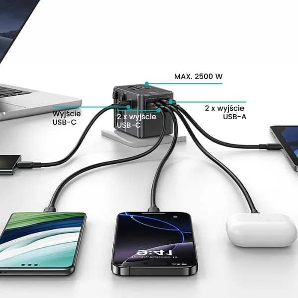 Kelioninis įkroviklis Adapteris USAMS CC310 3xUSB-C 70W 4in1 US/AU/EU/UK juodos spalvos
