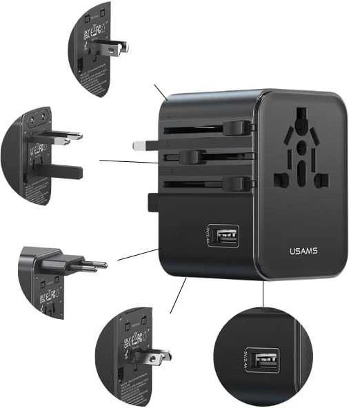 kelioninis įkroviklis USAMS CC308 2xUSB-C 17W 4in1 US/AU/EU/UK juodos spalvos