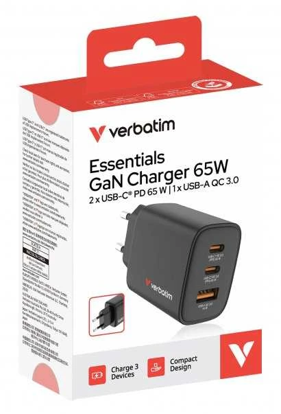 Verbatim GaN Travel Charger Essentials 65W, 2×USB-C PD, 1×USB-A QC, EU Plug, Juodas