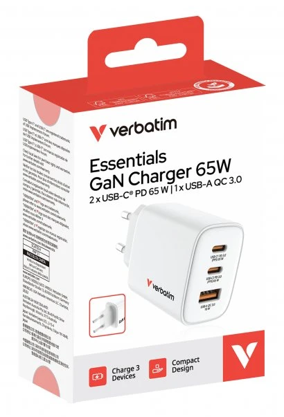 Verbatim GaN Travel Charger Essentials 65W, 2×USB-C PD, 1×USB-A QC, EU Plug, Baltas
