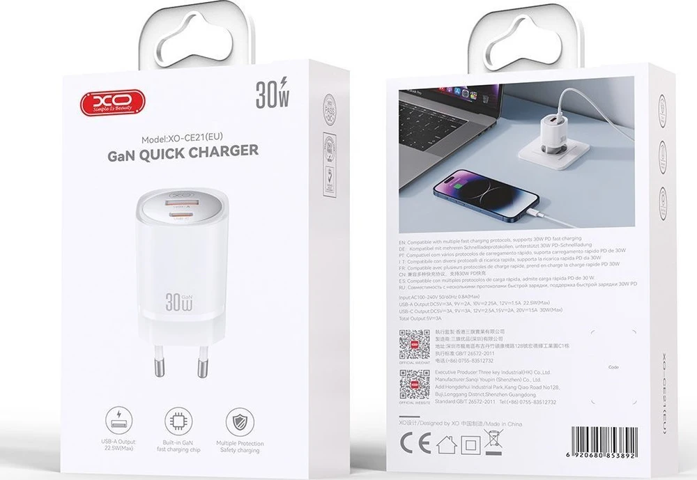 XO sieninis įkroviklis CE21 PD 30W 1x USB-C 1x USB baltas