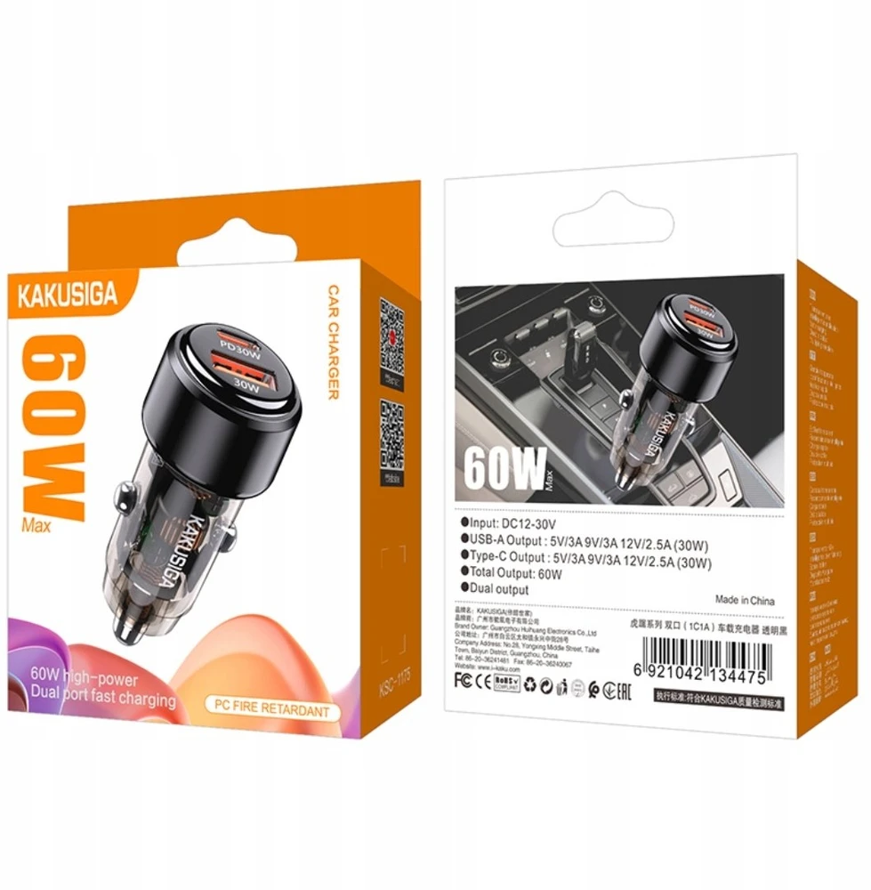 Ikaku Įkroviklis Kaku KSC-1175 Dual port 60W Car charger USB + Type-C