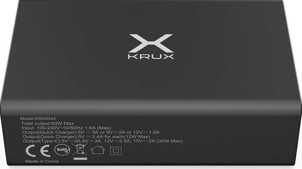 KRUX 4x USB sieninis įkroviklis, 1x USB Type C, QC 3.0 60 W + laido laikiklis