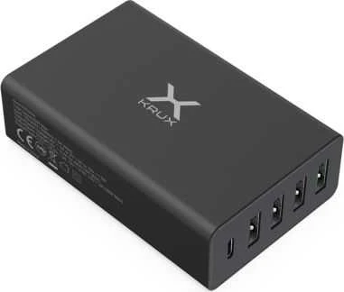 KRUX 4x USB sieninis įkroviklis, 1x USB Type C, QC 3.0 60 W + laido laikiklis
