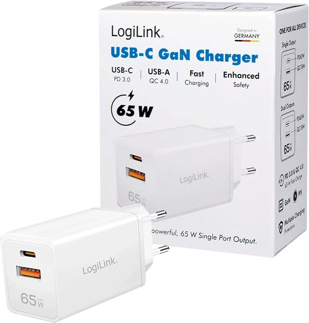 Įkroviklis LogiLink Įkroviklis jungiama į tinklą LogiLink PA0371 USB GaN, 65 W, 1x USB-C (PD), 1x USB-A (QC), balta