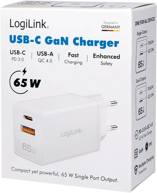 Įkroviklis LogiLink Įkroviklis jungiama į tinklą LogiLink PA0371 USB GaN, 65 W, 1x USB-C (PD), 1x USB-A (QC), balta