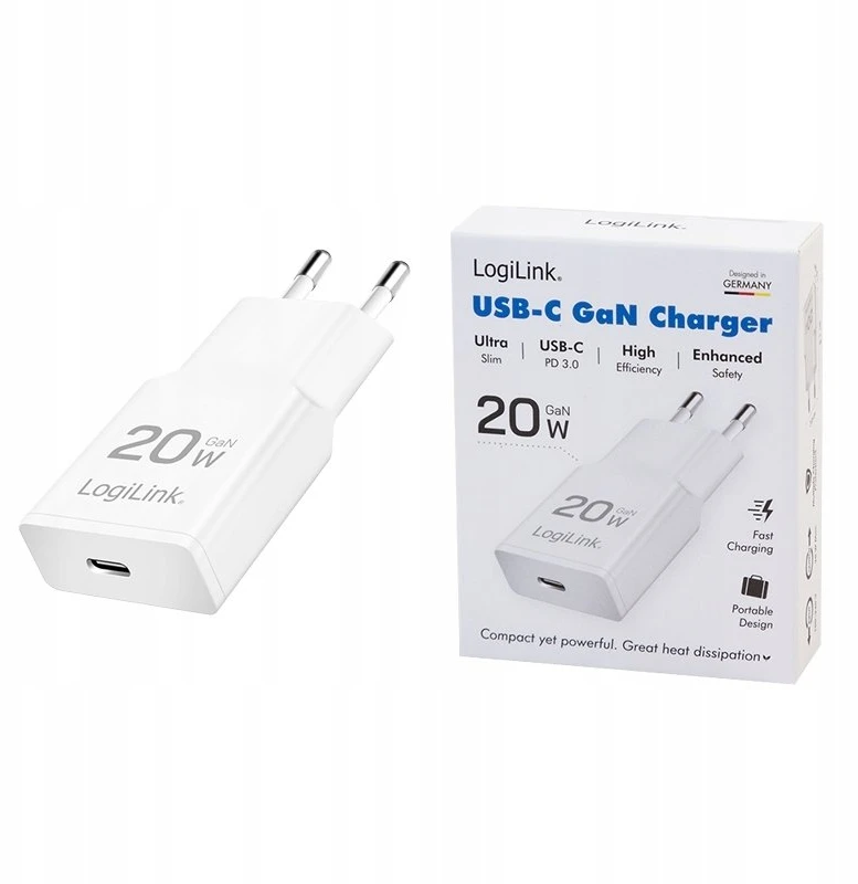 Įkroviklis LogiLink Įkroviklis jungiama į tinklą LogiLink PA0345 USB GaN, 20 W, 1x USB-C (PD), balta