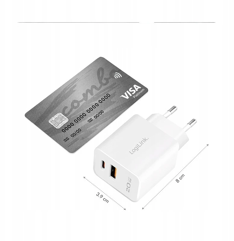 „LogiLink“ įkroviklis „LogiLink PA0369“ USB GaN sieninis įkroviklis, 20 W, 1x USB-C (PD), 1x USB-A, baltas