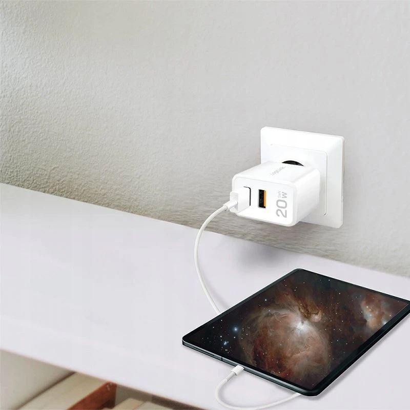 „LogiLink“ įkroviklis „LogiLink PA0369“ USB GaN sieninis įkroviklis, 20 W, 1x USB-C (PD), 1x USB-A, baltas