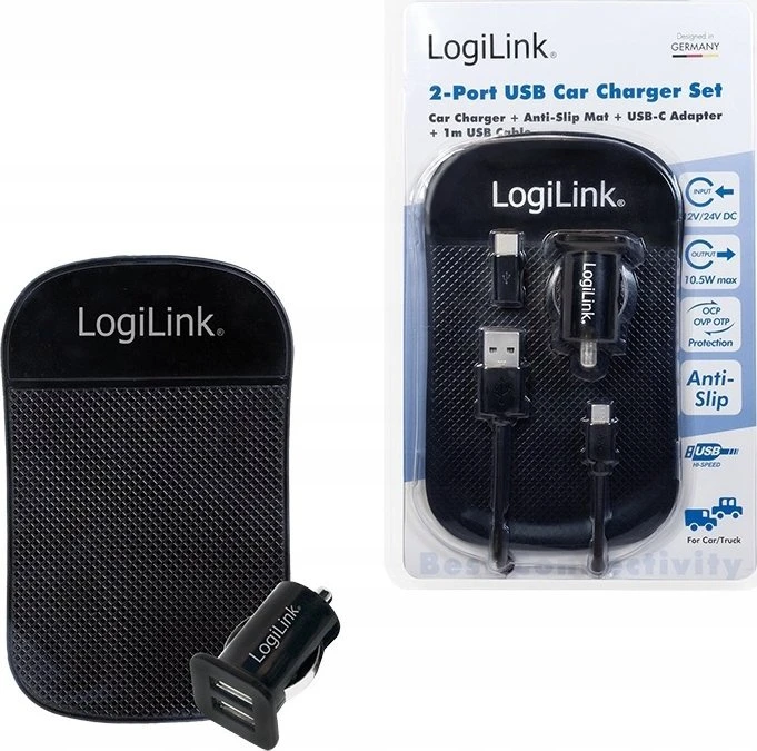 Įkroviklis LogiLink Logilink USB automobilio maitinimo šaltinis, 2x USB prievadas, 10.5W + neslystantis.
