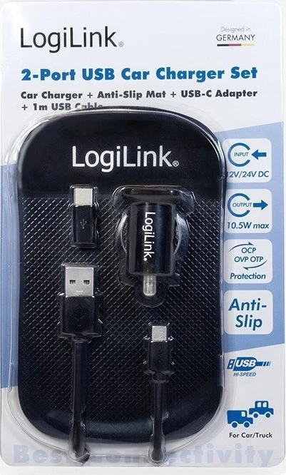 Įkroviklis LogiLink Logilink USB automobilio maitinimo šaltinis, 2x USB prievadas, 10.5W + neslystantis.