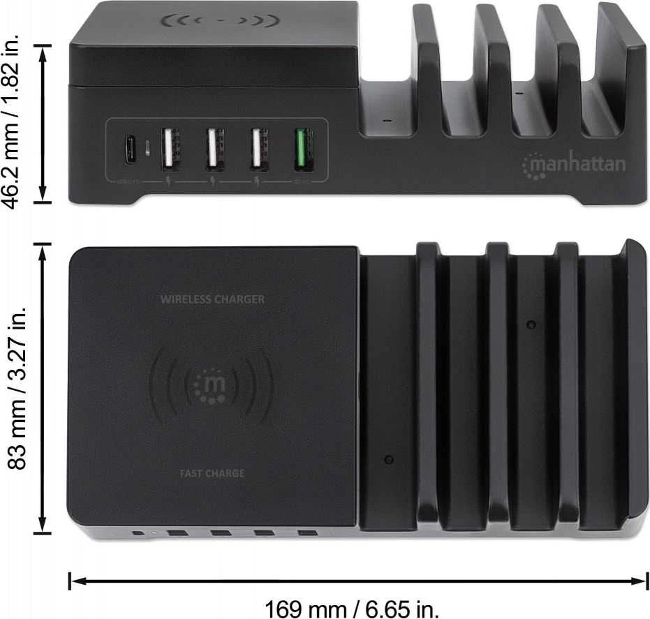 Manhattan Įkroviklis jungiama į tinklą 5x USB i Qi 55W, 1x USB-C, 3x USB-A, Qi