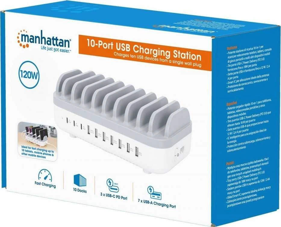 Manhattan įkrovimo stotis, 10x prievadų: 3x USB-C (iki 18W PD) ir 7x USB-A (iki 12W), 120W bendra išvestis, Baltas/Pilkas, Trejų metų garantija, dėžutė