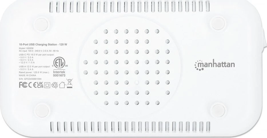 Manhattan įkrovimo stotis, 10x prievadų: 3x USB-C (iki 18W PD) ir 7x USB-A (iki 12W), 120W bendra išvestis, Baltas/Pilkas, Trejų metų garantija, dėžutė