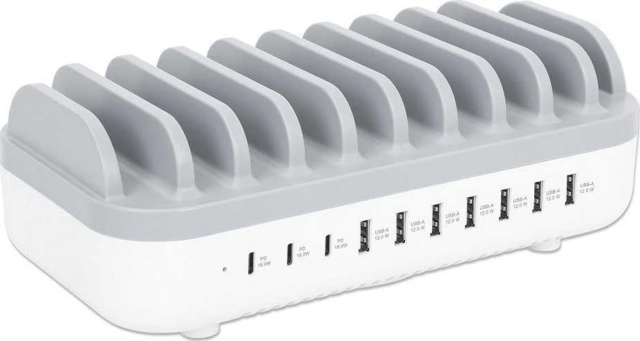 Manhattan įkrovimo stotis, 10x prievadų: 3x USB-C (iki 18W PD) ir 7x USB-A (iki 12W), 120W bendra išvestis, Baltas/Pilkas, Trejų metų garantija, dėžutė