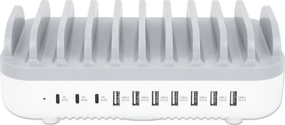 Manhattan įkrovimo stotis, 10x prievadų: 3x USB-C (iki 18W PD) ir 7x USB-A (iki 12W), 120W bendra išvestis, Baltas/Pilkas, Trejų metų garantija, dėžutė