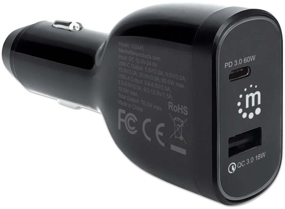 Įkroviklis Manhattan Įkroviklis samochodowa 78W USB-C PD 60W USB-A QC 18W