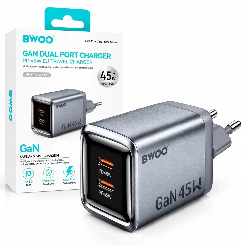 Mathorn BWOO BO-CDA239 wall charger 2xUSB-C 3A PD 45W pilkas with PPS