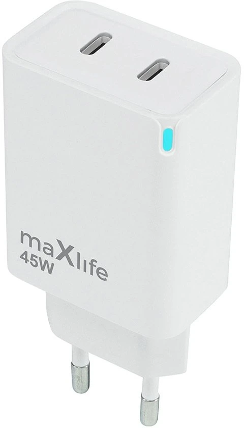 Maxlife MXTC-09-45CC GaN PD QC įkroviklis 2x USB-C 45W baltas