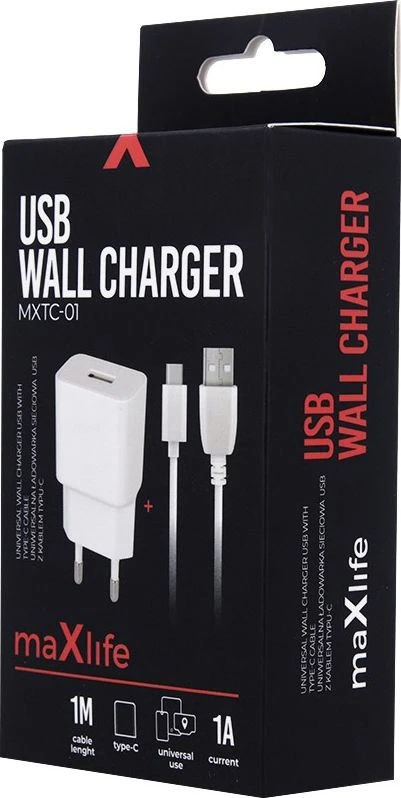 Įkroviklis buitinis Maxlife MXTC-01 USB + Type-C (1A) baltas