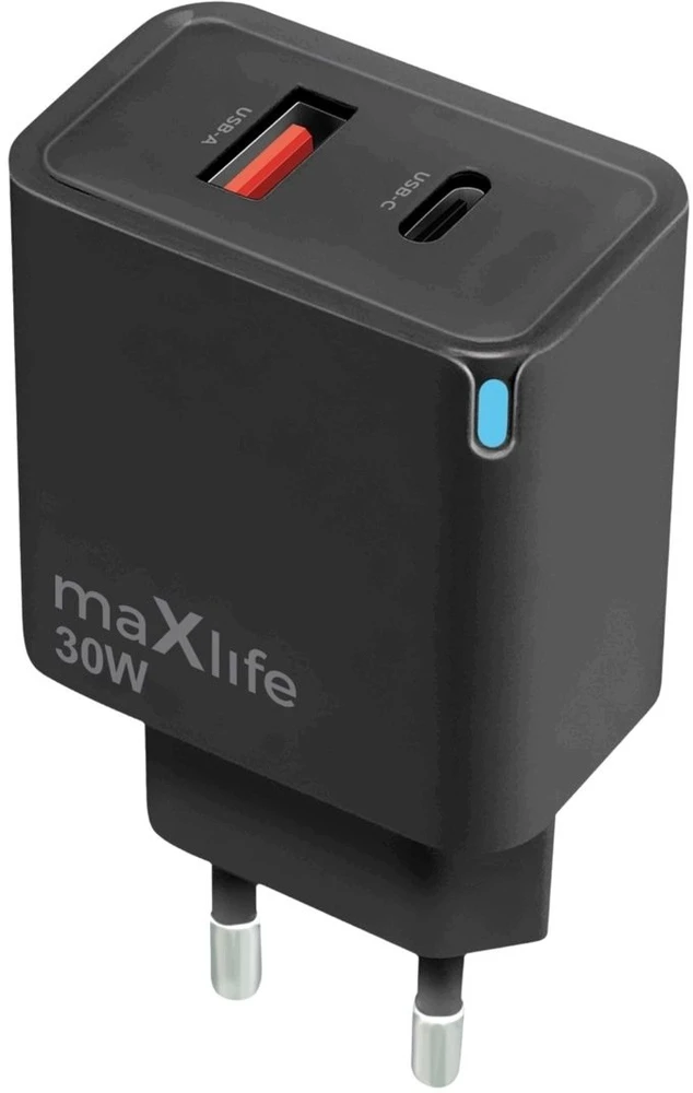 Maxlife MXTC-09-30AC GaN PD QC įkroviklis 1x USB-C 1x USB 30W juodas