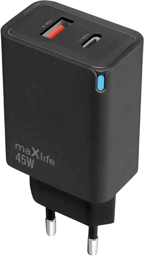 Maxlife MXTC-09-45AC GaN PD QC įkroviklis 1x USB-C 1x USB 45W juodas