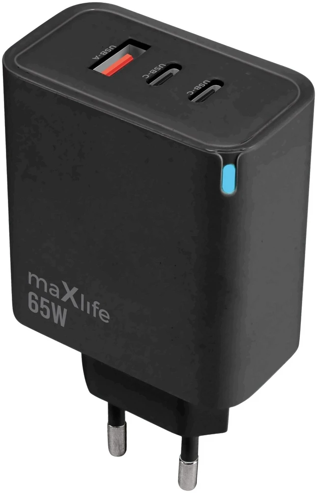 Maxlife MXTC-09-65ACC GaN PD QC įkroviklis 2x USB-C 1x USB 65W juodas