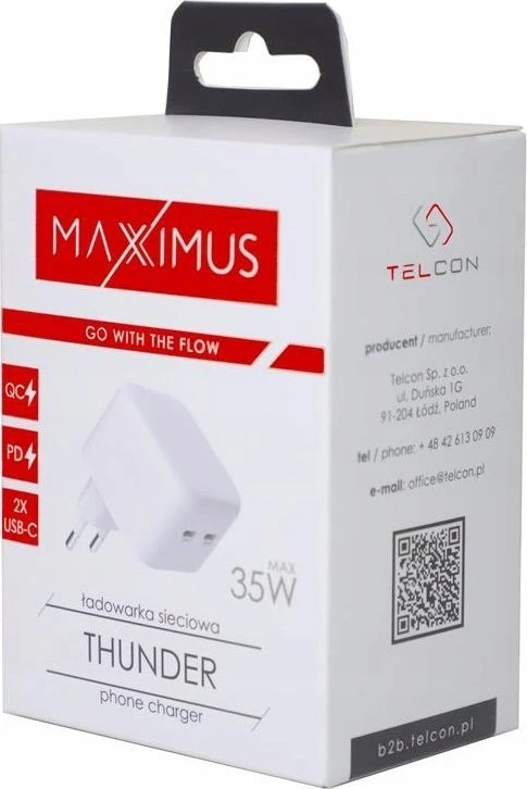 Maxximus SIENINIS ĮKROVIKLIS MX THUNDER PD 35W, 2xUSB-C Baltas