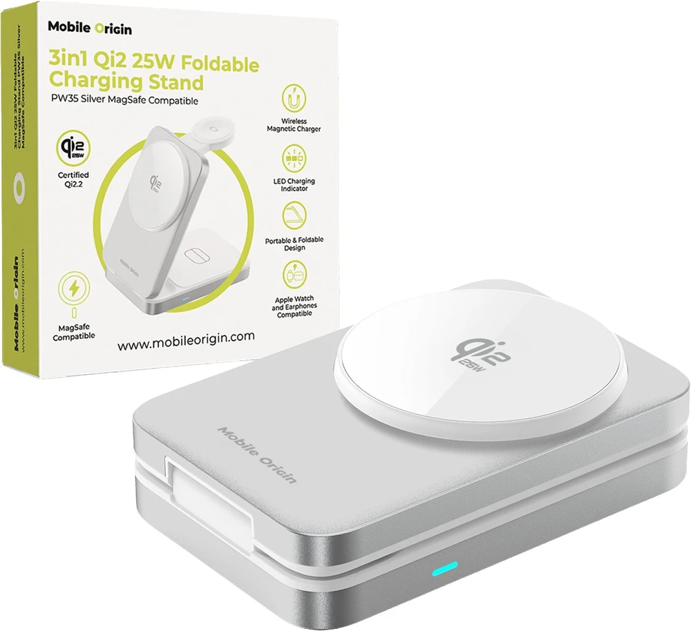 „Mobile Origin 3in1 Qi2 25W“ sulankstomas įkrovimo stovas PW35, suderinamas su „MagSafe“