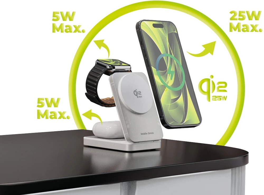 „Mobile Origin 3in1 Qi2 25W“ sulankstomas įkrovimo stovas PW35, suderinamas su „MagSafe“