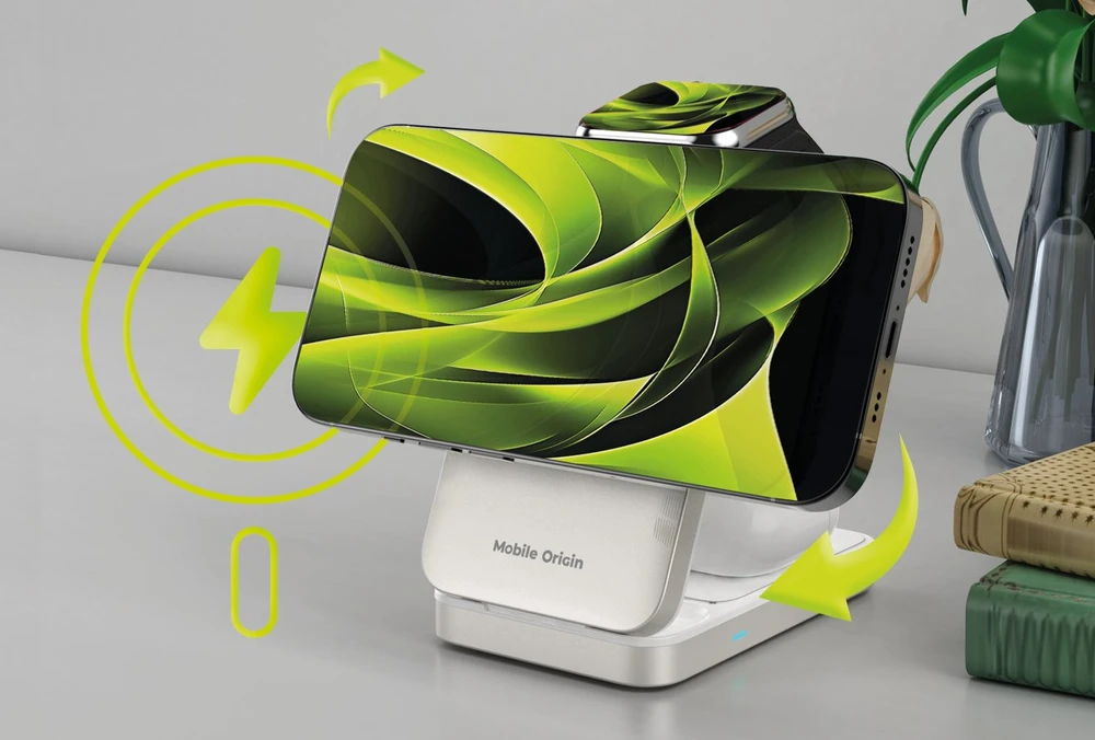 „Mobile Origin 3in1 Qi2 25W“ sulankstomas įkrovimo stovas PW35, suderinamas su „MagSafe“