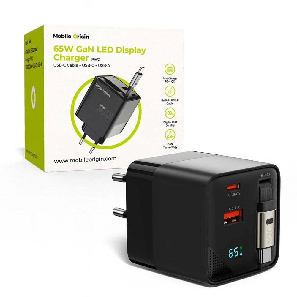 Įkroviklis Mobile Origin 65W GaN Ekranas Charger PW2 - USB-C Cable + USB-C + USB-A