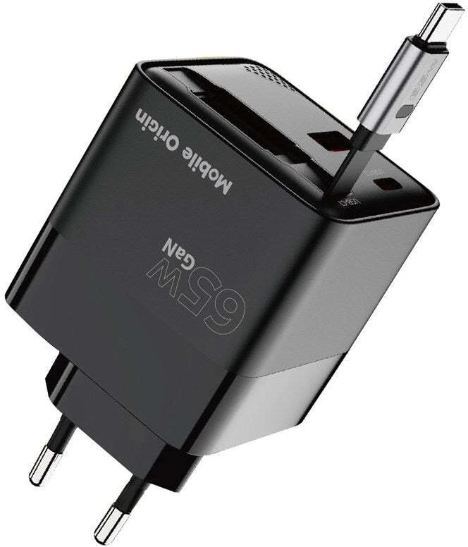 Įkroviklis Mobile Origin 65W GaN Ekranas Charger PW2 - USB-C Cable + USB-C + USB-A