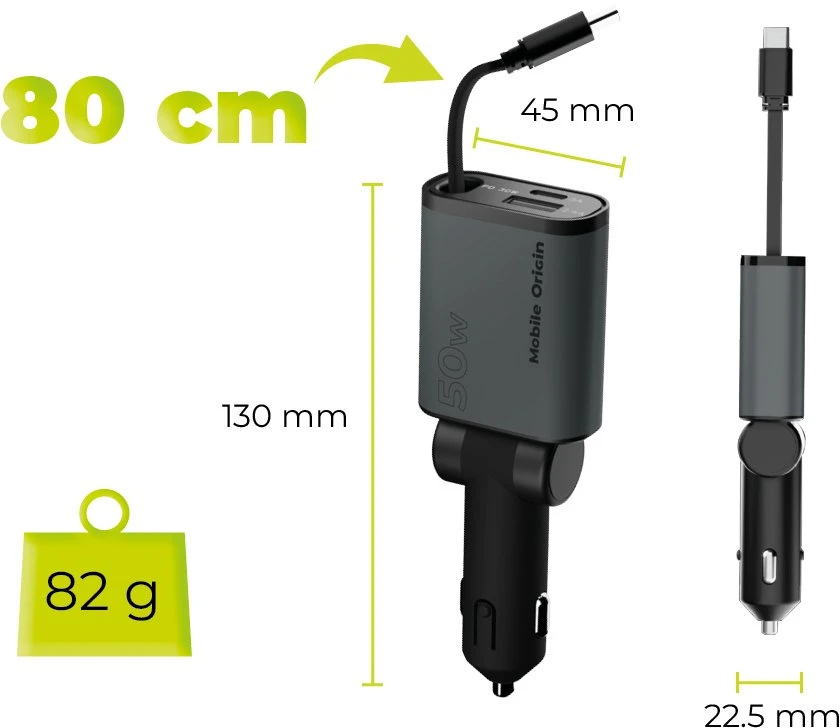 Mobile Origin 3in1 50W automobilinis įkroviklis CA27 – USB-C + USB-A, USB-C Cable
