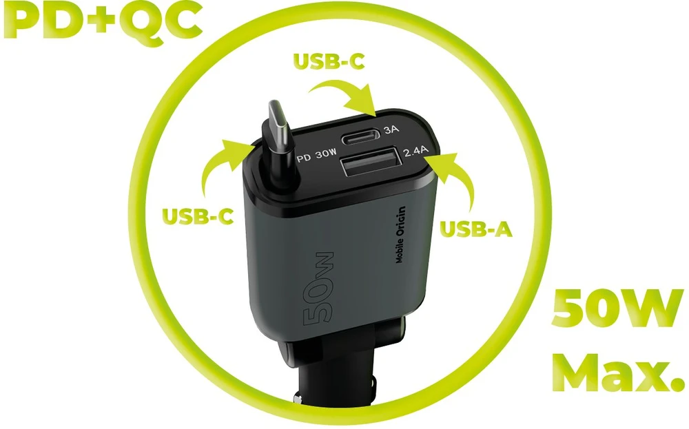 Mobile Origin 3in1 50W automobilinis įkroviklis CA27 – USB-C + USB-A, USB-C Cable
