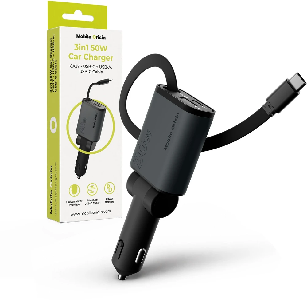 Mobile Origin 3in1 50W automobilinis įkroviklis CA27 – USB-C + USB-A, USB-C Cable