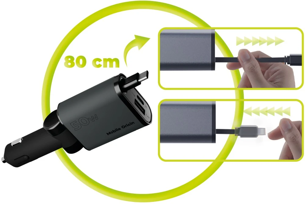 Mobile Origin 3in1 50W automobilinis įkroviklis CA27 – USB-C + USB-A, USB-C Cable