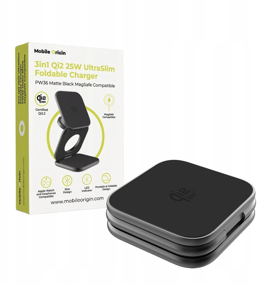 Mobile Origin 3 viename Qi2 25W itin plonas sulankstomas įkroviklis PW36 suderinamas su MagSafe matinė juoda