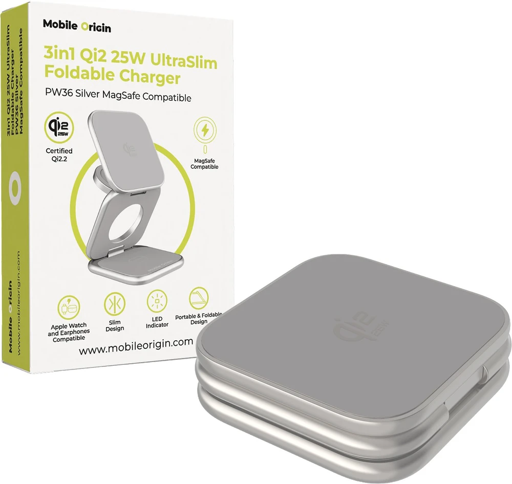 Mobile Origin 3 viename Qi2 25W itin plonas sulankstomas įkroviklis PW36, suderinamas su MagSafe, sidabro spalvos