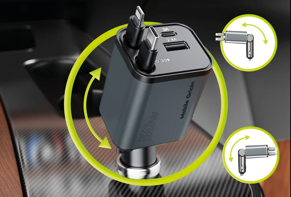 „Mobile Origin 4in1 50W“ automobilinis įkroviklis CA28 – USB-C + USB-A, USB-C ir „Lightning“ laidas
