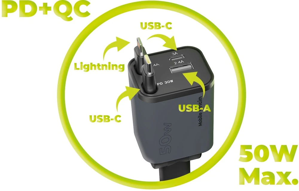 „Mobile Origin 4in1 50W“ automobilinis įkroviklis CA28 – USB-C + USB-A, USB-C ir „Lightning“ laidas