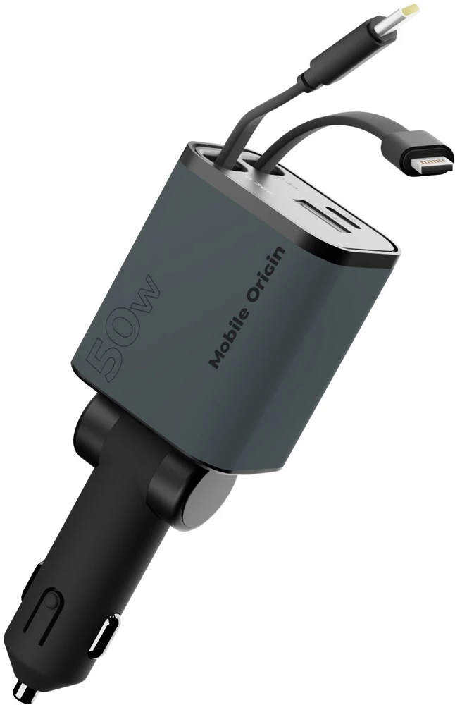 „Mobile Origin 4in1 50W“ automobilinis įkroviklis CA28 – USB-C + USB-A, USB-C ir „Lightning“ laidas