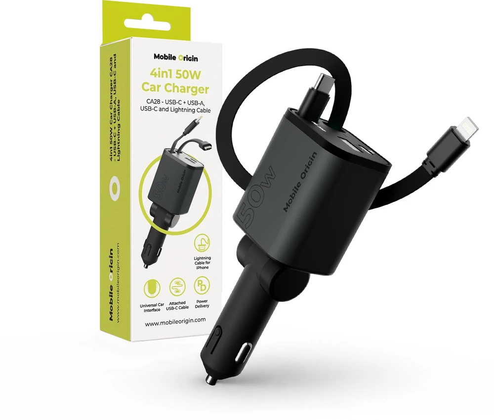 „Mobile Origin 4in1 50W“ automobilinis įkroviklis CA28 – USB-C + USB-A, USB-C ir „Lightning“ laidas
