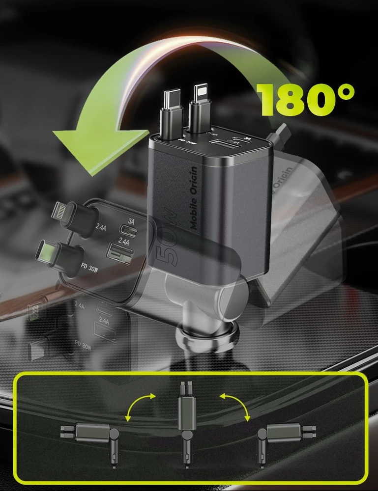 „Mobile Origin 4in1 50W“ automobilinis įkroviklis CA28 – USB-C + USB-A, USB-C ir „Lightning“ laidas