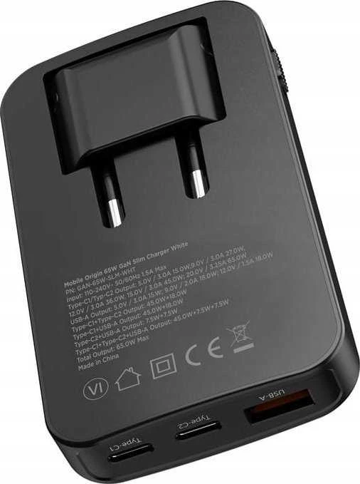 Mobile Origin 65W GaN III plonas įkroviklis, dvigubas USB-C, vienas USB-A, juodas